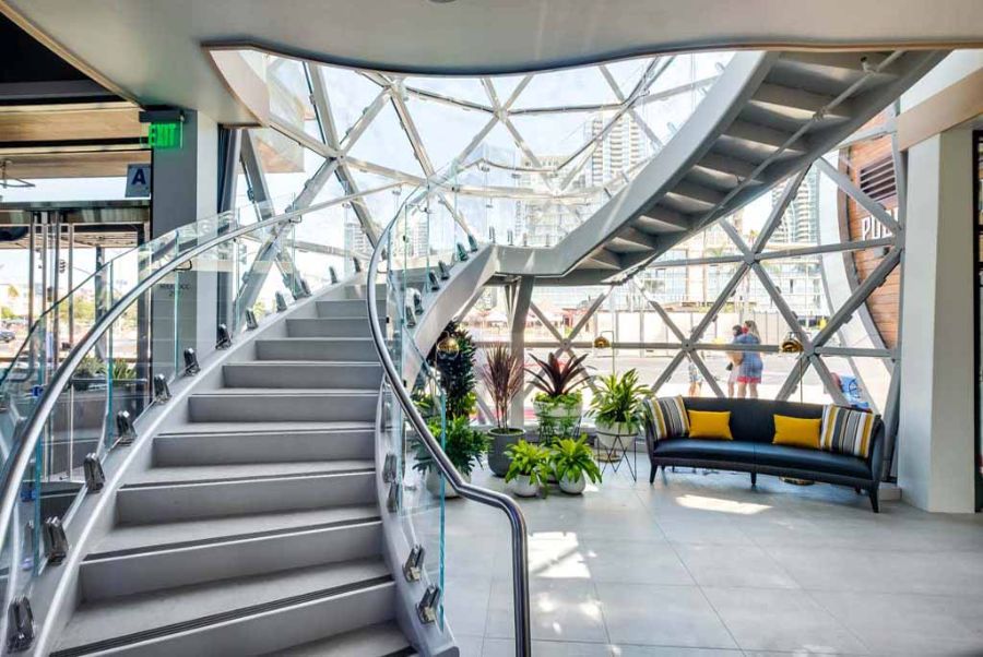 Curved Steel Roof Structure and Spiral Staircases Highlights of the Portside Pier Renovation in San Diego Bay